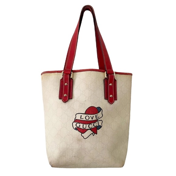 Gucci off white monogram coated canvas tattoo heart logo small tote bag - Picture 1 of 11